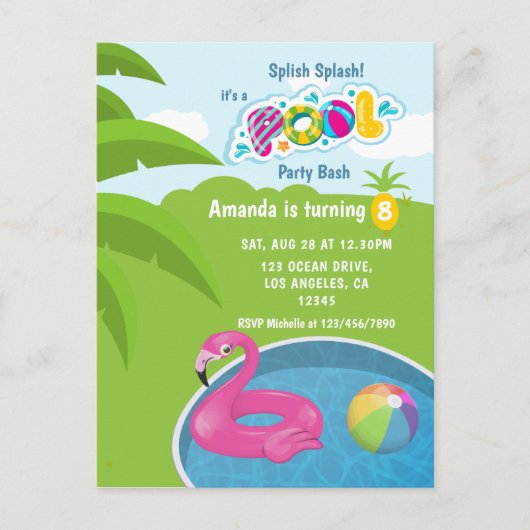 Flamingo-Schwimmhilfe-Pool-Geburtstagsfeier Postkarte (Vorderseite)