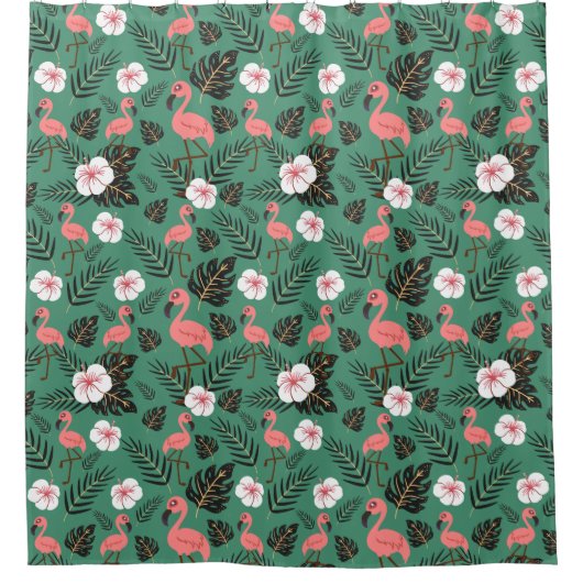 Flamingo seamless pattern pink on green background duschvorhang (Vorderseite)