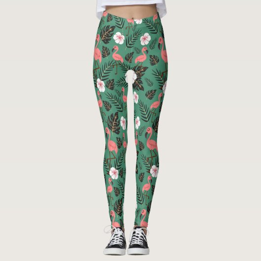 Flamingo seamless pattern pink on green background leggings (Vorderseite)