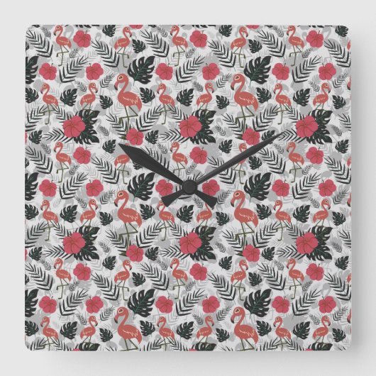 Flamingo seamless pattern with floral background quadratische wanduhr (Vorderseite)