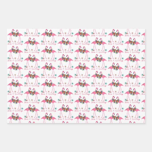 Flamingo Seas und Grüße Weihnachts Wrapping Pap Geschenkpapier Set (Vorderseite)