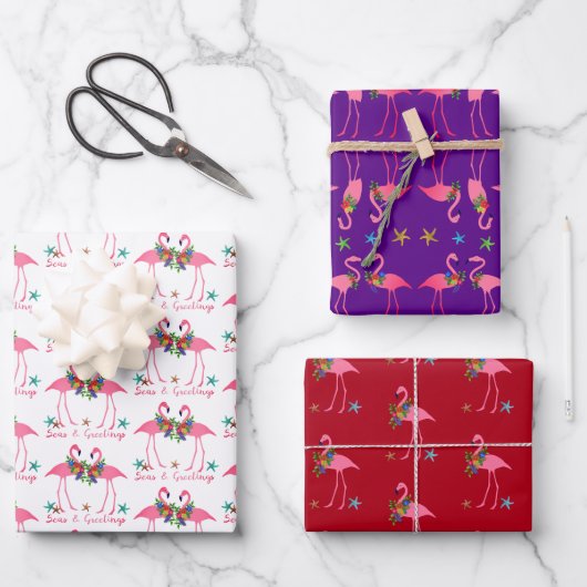Flamingo Seas und Grüße Weihnachts Wrapping Pap Geschenkpapier Set (Vorderseite)