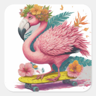 Flamingo Skater - Tropical Skateboard Vibes Square Quadratischer Aufkleber