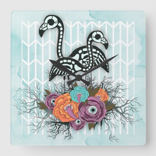 Flamingo Skeleton Halloween Composition Quadratische Wanduhr (Vorderseite)