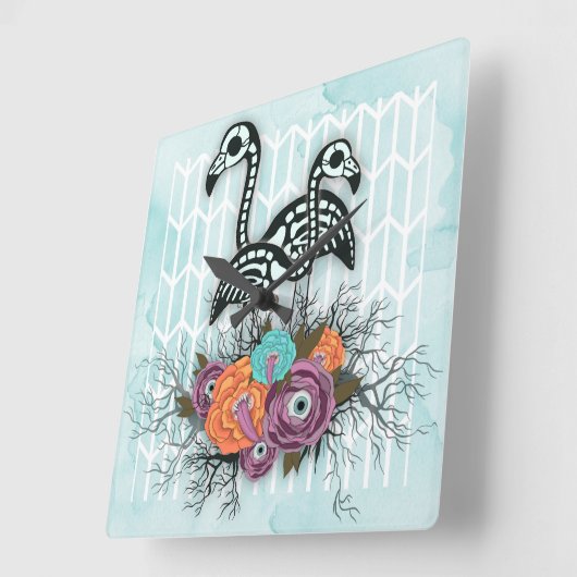 Flamingo Skeleton Halloween Composition Quadratische Wanduhr (Winkel)