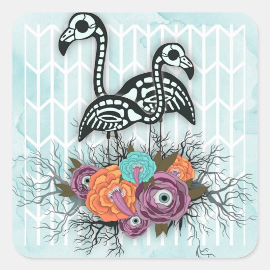 Flamingo Skeleton Halloween Komposition Quadratischer Aufkleber (Vorderseite)