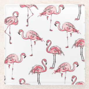 Flamingo Sketch: Tropisches Vintages Muster. Glasuntersetzer