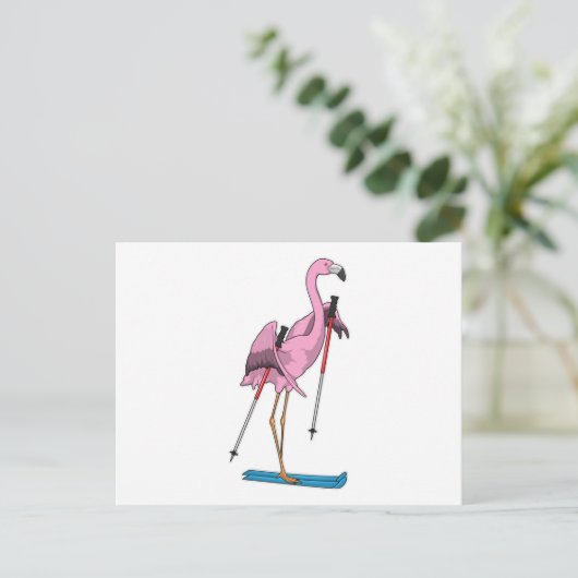 Flamingo Skier Ski Postkarte (Stehend Vorderseite)