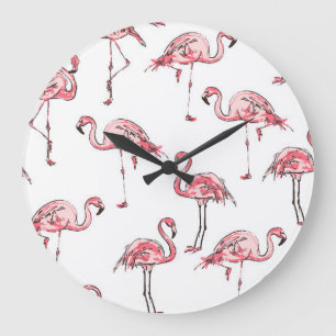 Flamingo-Skizze: Tropisches Vintage-Muster. Große Wanduhr