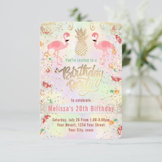 Flamingo Sommer tropischer Geburtstag Einladung (Stehend Vorderseite)