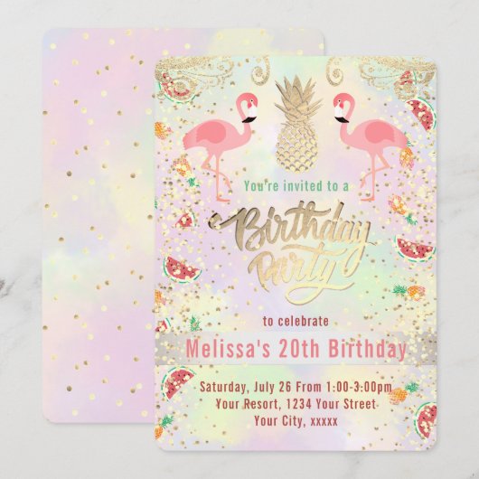 Flamingo Sommer tropischer Geburtstag Einladung (Vorne/Hinten)