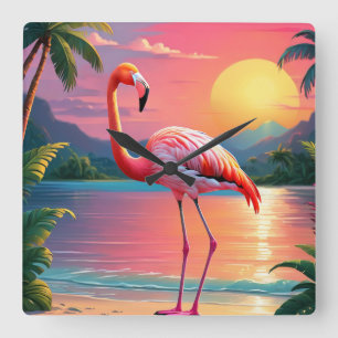 Flamingo Sonnenuntergang Tropischer Strand Quadratische Wanduhr