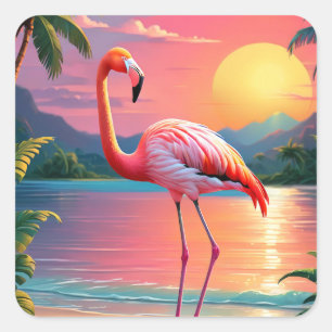 Flamingo-Sonnenuntergang Tropischer Strand Quadratischer Aufkleber
