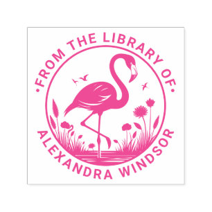 Flamingo Stehend, Blumen Bibliotheksbuch Name Permastempel