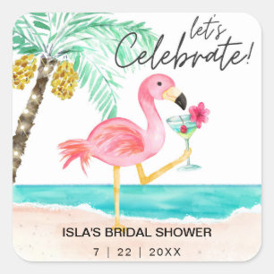 Flamingo Strand Cocktail Tropicale Hochzeitsdusche Quadratischer Aufkleber