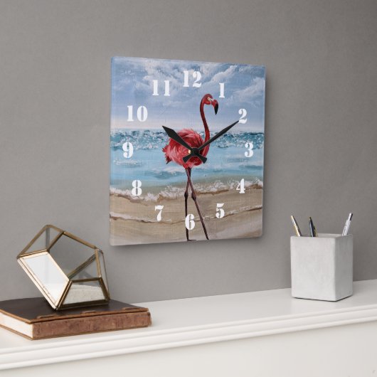 Flamingo Strand Quadratische Wanduhr (Büro)