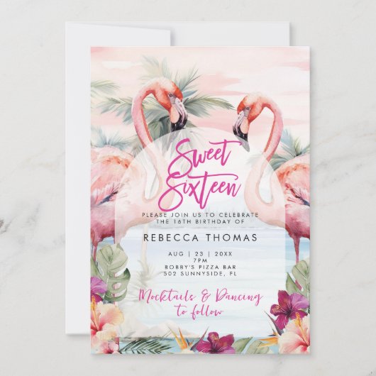 Flamingo Strand süß 16 Party Einladungen (Vorderseite)