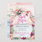 Flamingo Strand süß 16 Party Einladungen (Vorne/Hinten)