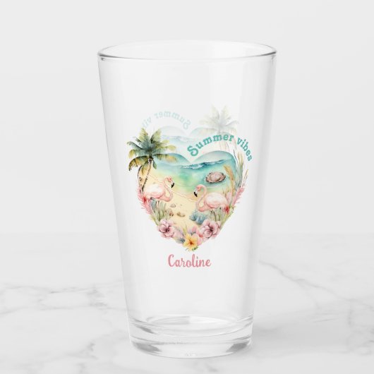 Flamingo Summer Beach Heart Tropical Hawaii Name Glas (Vorderseite)