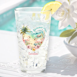 Flamingo Summer Beach Heart Tropical Hawaii Name Glas