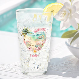 Flamingo Summer Beach Herz Tropischer rosa Name Glas