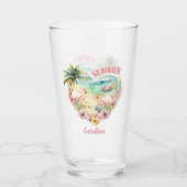 Flamingo Summer Beach Herz Tropischer rosa Name Glas (Vorderseite)
