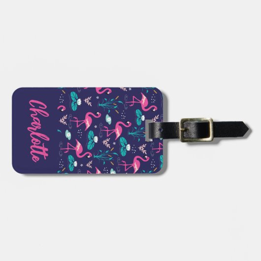 Flamingo Summer Blue Pink Monogram Gepäckanhänger (Vorderseite horizontal)