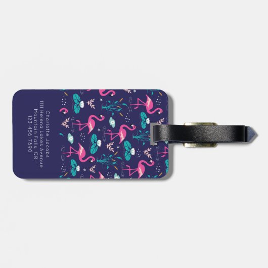 Flamingo Summer Blue Pink Monogram Gepäckanhänger (Rückseite horizontal)
