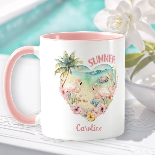 Flamingo Summer Heart Tropical Giro Name Pink Tasse