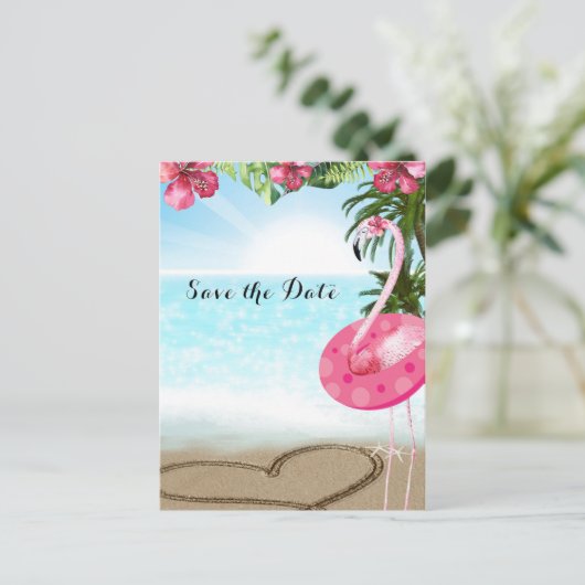 Flamingo Summer POOL PARTY Beach Save the Date Ankündigungspostkarte (Stehend Vorderseite)