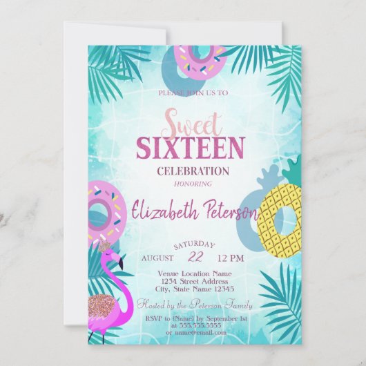 Flamingo Summer Pool Sweet 16 Party Einladung (Vorderseite)