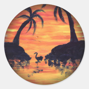 Flamingo Sunset Art von EelKat Runder Aufkleber