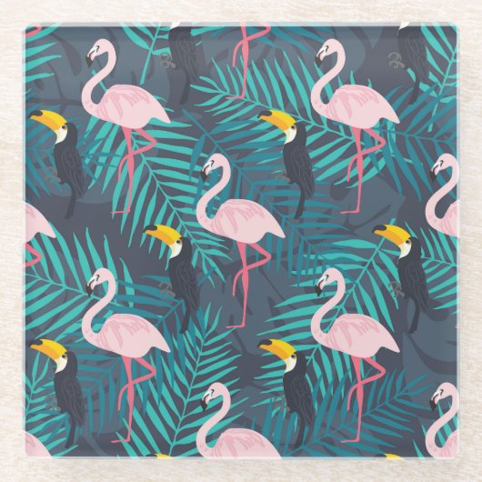 Flamingo, Toucan: tropisches Blattmuster Glasuntersetzer (Vorderseite)