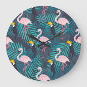 Flamingo, Toucan: tropisches Blattmuster Große Wanduhr