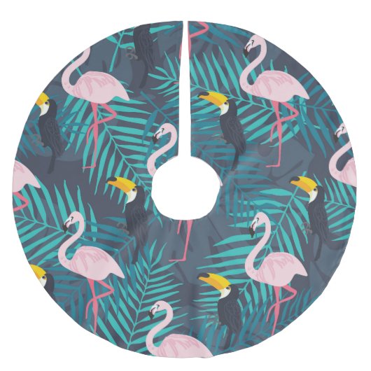 Flamingo, Toucan: tropisches Blattmuster Polyester Weihnachtsbaumdecke (Vorderseite)