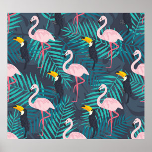 Flamingo, Toucan: tropisches Blattmuster Poster