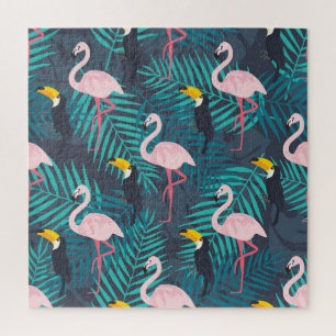 Flamingo, Toucan: tropisches Blattmuster Puzzle