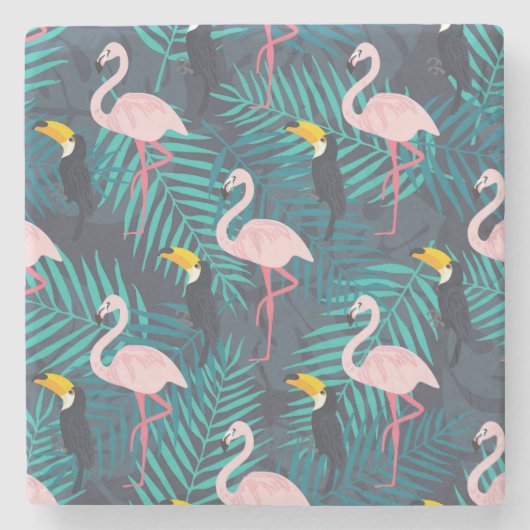 Flamingo, Toucan: tropisches Blattmuster Steinuntersetzer (Vorderseite)