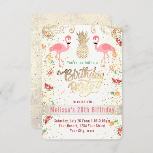 Flamingo-Tropen-Geburtstagsparty Einladung (Vorne/Hinten)