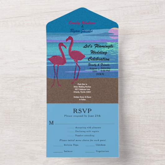 Flamingo Tropical Beach Hochzeitsinformationen UAW All In One Einladung (Innen Boden)