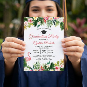 Flamingo Tropical Blätter Floral Graduation Party Einladung