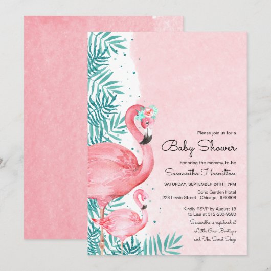 Flamingo & Tropical Blätter Watercolor Baby Shower Einladung (Vorne/Hinten)
