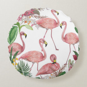 Flamingo Tropical Blätter Watercolor Muster Rundes Kissen