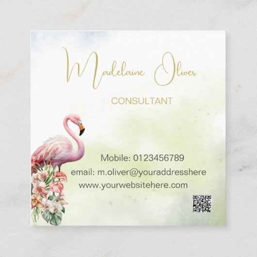 Flamingo Tropical Botanical Black Florist QR Quadratische Visitenkarte (Rückseite)