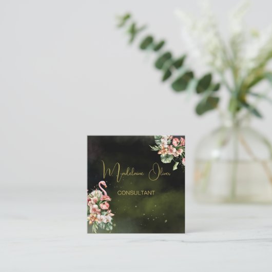 Flamingo Tropical Botanical Black Florist QR Quadratische Visitenkarte (Stehend Vorderseite)