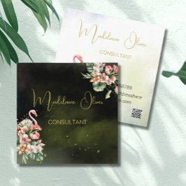 Flamingo Tropical Botanical Black Florist QR Quadratische Visitenkarte
