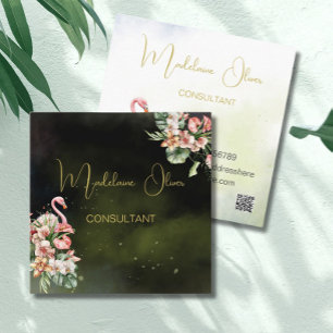 Flamingo Tropical Botanical Black Florist QR Quadratische Visitenkarte