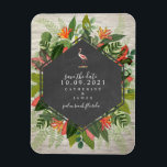 Flamingo Tropical Botanical Brick Wedding Magnet<br><div class="desc">Eine Hochzeit speichert den Datums-Magneten mit einem tropischen botanischen Design mit einem Kalkboard geometrischen Design auf einem weißen Backstein Hintergrund. Flamingo Abbildung oben Text.</div>