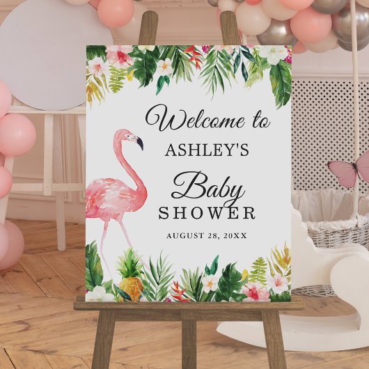 Flamingo Tropical Floral Girl Babyduschzeichen Poster