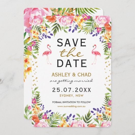 Flamingo Tropical Floral Wedding speichern das Dat Save The Date (Vorne/Hinten)